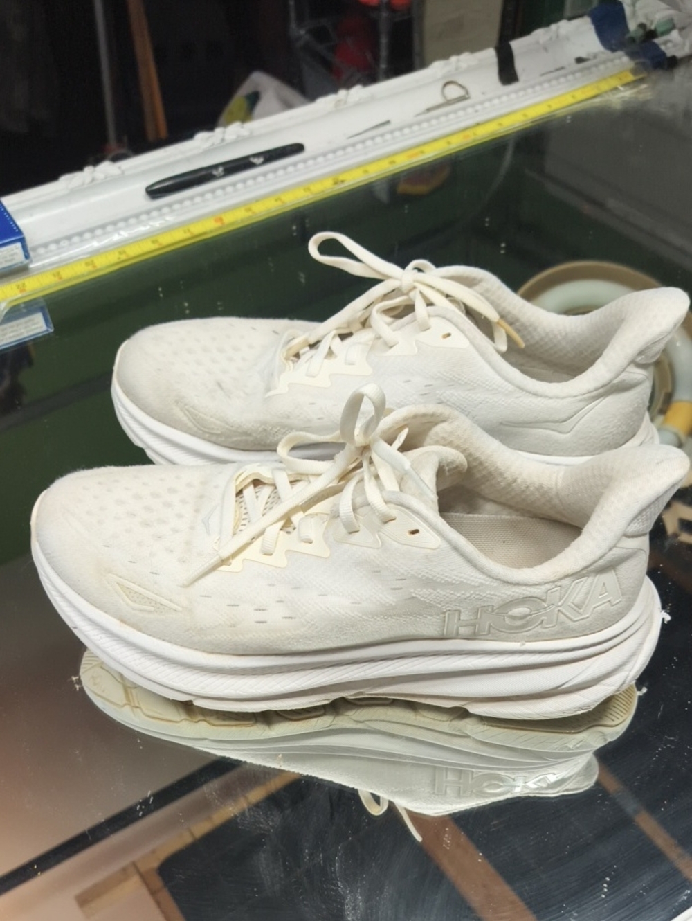 Women's 9.5 white Hoka Clifton 9 road running sneakers. Good Runner.